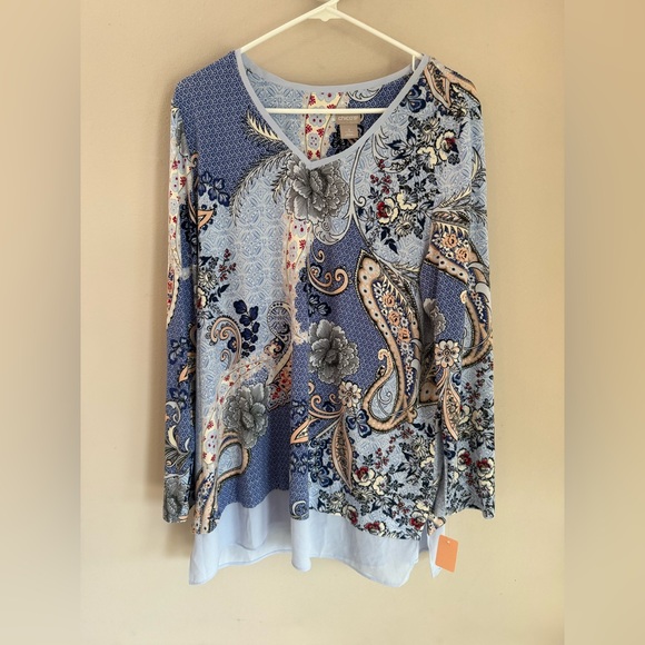 Chico's Tops - Chicos 2 L Paisley Floral Print Long Sleeve V Neck Tunic Top Blue